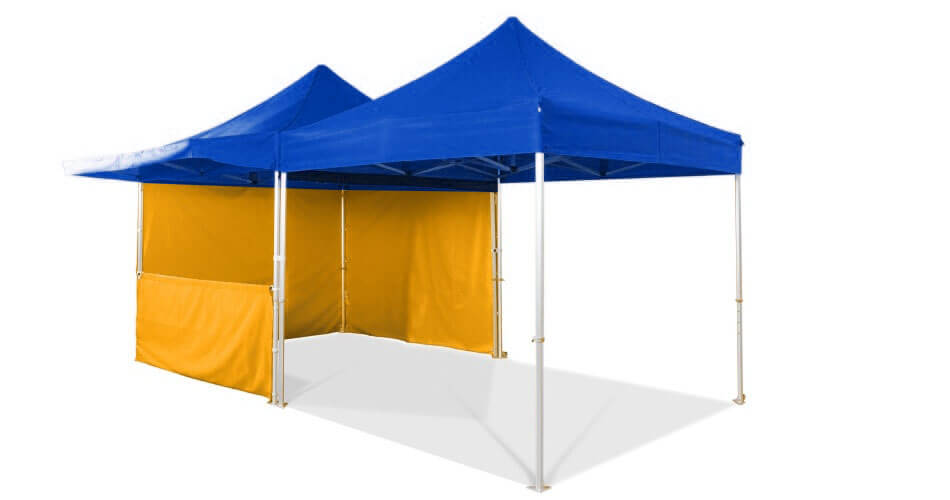 2-farbige Zeltlandschaft aus einem 3x3m QUICKUPTENT ALU-HEXAGON Faltzelt mit Vordach und halber Seitenwand und einen 3x3m Faltzelt